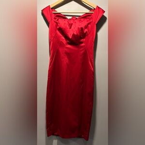 The Limited Red Satin Off The Shoulder Tie Back Sheath Midi Dress Size 6
